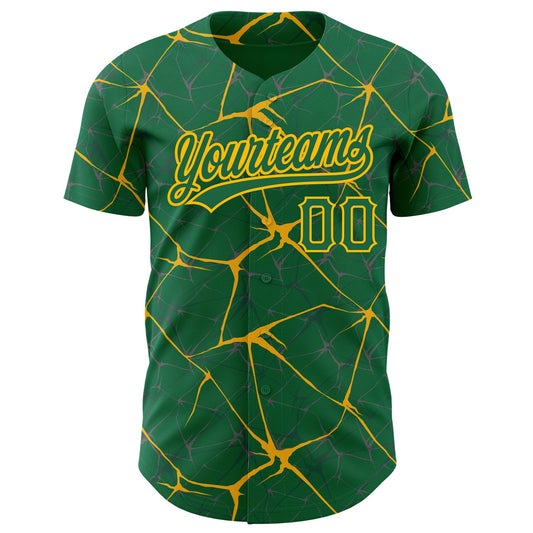 Custom Kelly Green Gold 3D Pattern Design Abstract Network Authentic Baseball Jersey - Sky-Custom