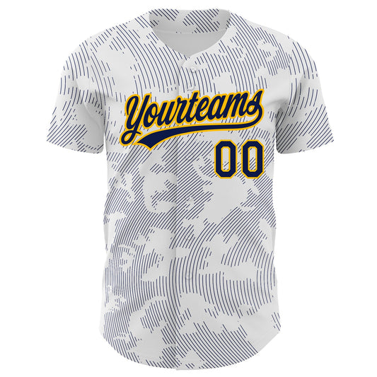 Custom White Navy-Gold 3D Pattern Design Curve Lines Authentic Baseball Jersey - Sky-Custom