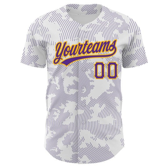 Custom White Purple-Gold 3D Pattern Design Curve Lines Authentic Baseball Jersey - Sky-Custom