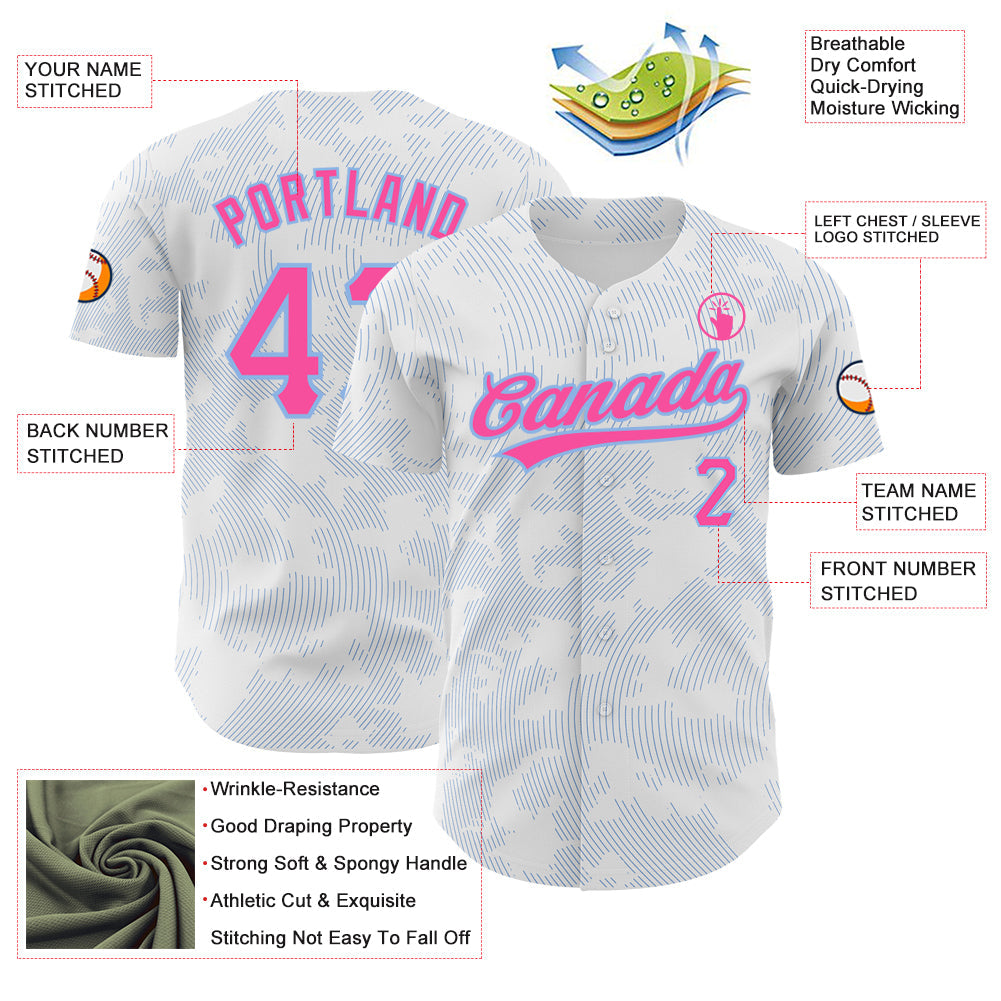 Custom White Pink-Light Blue 3D Pattern Design Curve Lines Authentic Baseball Jersey - Sky-Custom
