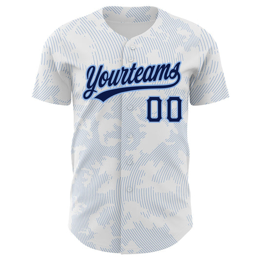 Custom White Navy-Light Blue 3D Pattern Design Curve Lines Authentic Baseball Jersey - Sky-Custom