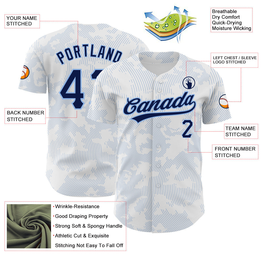 Custom White Navy-Light Blue 3D Pattern Design Curve Lines Authentic Baseball Jersey - Sky-Custom