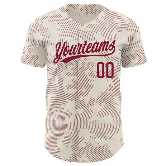 Custom Cream Crimson 3D Pattern Design Curve Lines Authentic Baseball Jersey - Sky-Custom