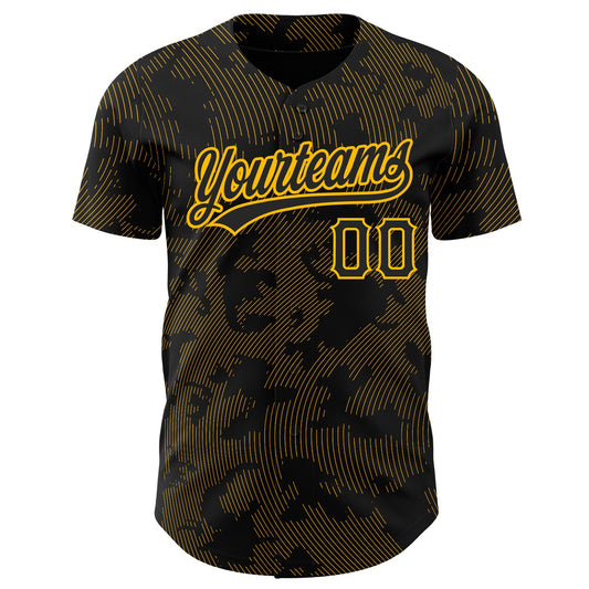 Custom Black Gold 3D Pattern Design Curve Lines Authentic Baseball Jersey - Sky-Custom