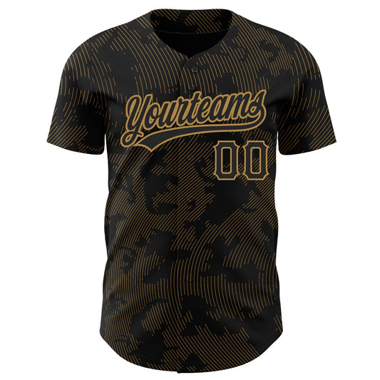 Custom Black Old Gold 3D Pattern Design Curve Lines Authentic Baseball Jersey - Sky-Custom