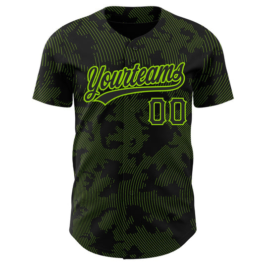 Custom Black Neon Green 3D Pattern Design Curve Lines Authentic Baseball Jersey - Sky-Custom