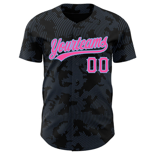 Custom Black Pink-Light Blue 3D Pattern Design Curve Lines Authentic Baseball Jersey - Sky-Custom