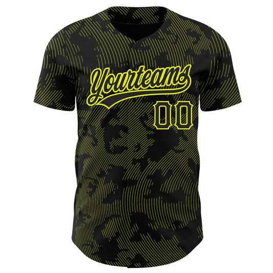 Custom Black Neon Yellow 3D Pattern Design Curve Lines Authentic Baseball Jersey - Sky-Custom