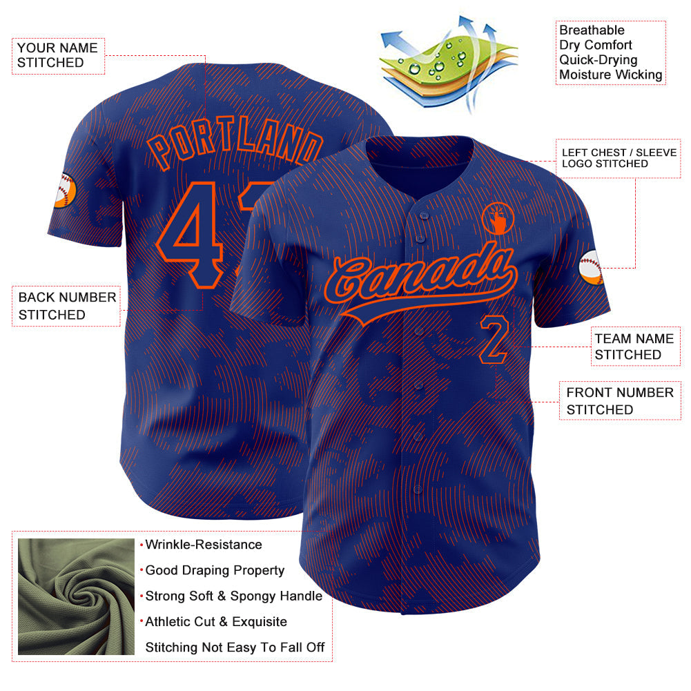 Custom Royal Orange 3D Pattern Design Curve Lines Authentic Baseball Jersey - Sky-Custom