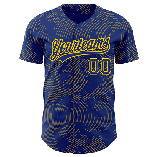 Custom Royal Yellow 3D Pattern Design Curve Lines Authentic Baseball Jersey - Sky-Custom