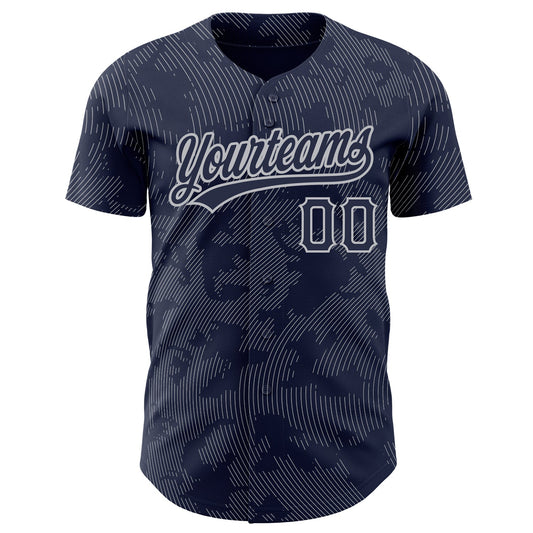 Custom Navy Gray 3D Pattern Design Curve Lines Authentic Baseball Jersey - Sky-Custom