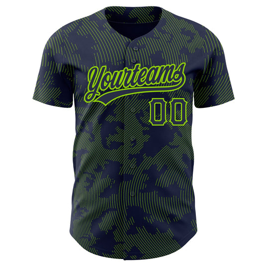 Custom Navy Neon Green 3D Pattern Design Curve Lines Authentic Baseball Jersey - Sky-Custom
