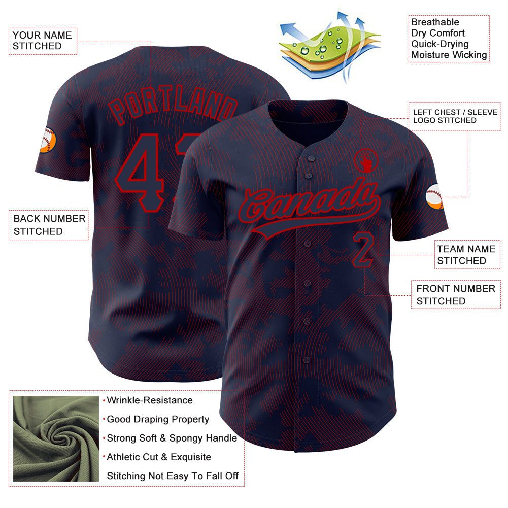 Custom Navy Red 3D Pattern Design Curve Lines Authentic Baseball Jersey - Sky-Custom