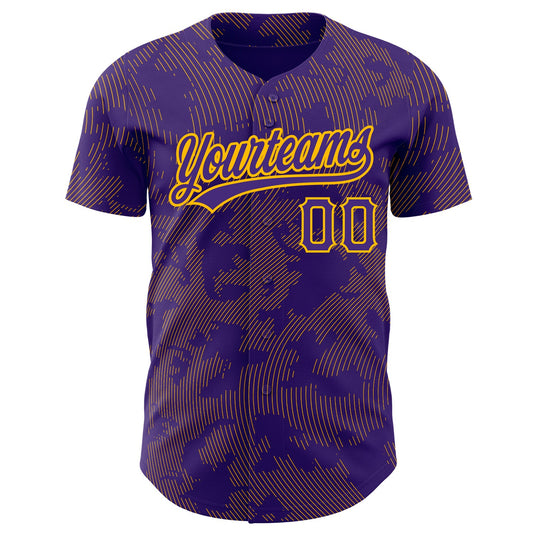 Custom Purple Gold 3D Pattern Design Curve Lines Authentic Baseball Jersey - Sky-Custom