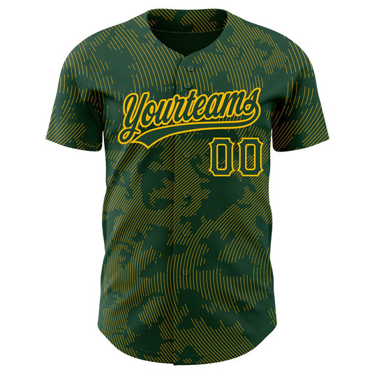Custom Green Gold 3D Pattern Design Curve Lines Authentic Baseball Jersey - Sky-Custom