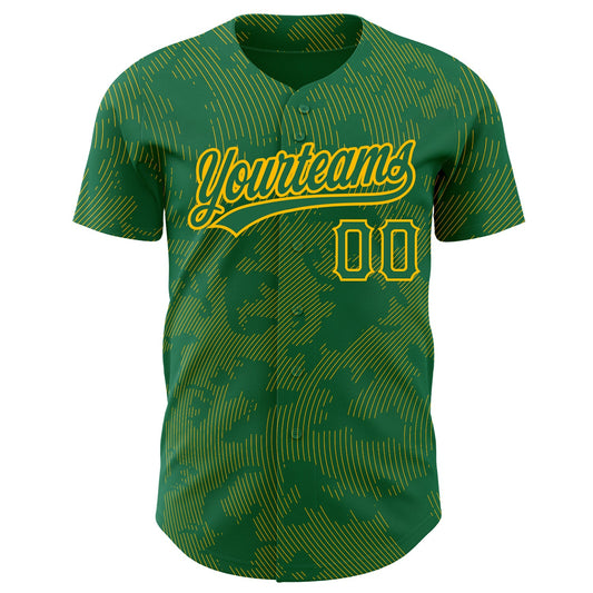 Custom Kelly Green Gold 3D Pattern Design Curve Lines Authentic Baseball Jersey - Sky-Custom