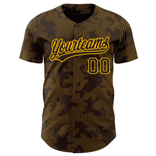 Custom Brown Gold 3D Pattern Design Curve Lines Authentic Baseball Jersey - Sky-Custom