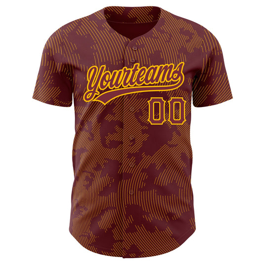 Custom Burgundy Gold 3D Pattern Design Curve Lines Authentic Baseball Jersey - Sky-Custom