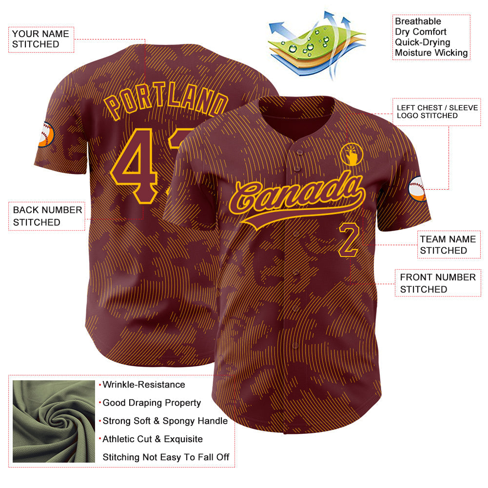 Custom Burgundy Gold 3D Pattern Design Curve Lines Authentic Baseball Jersey - Sky-Custom