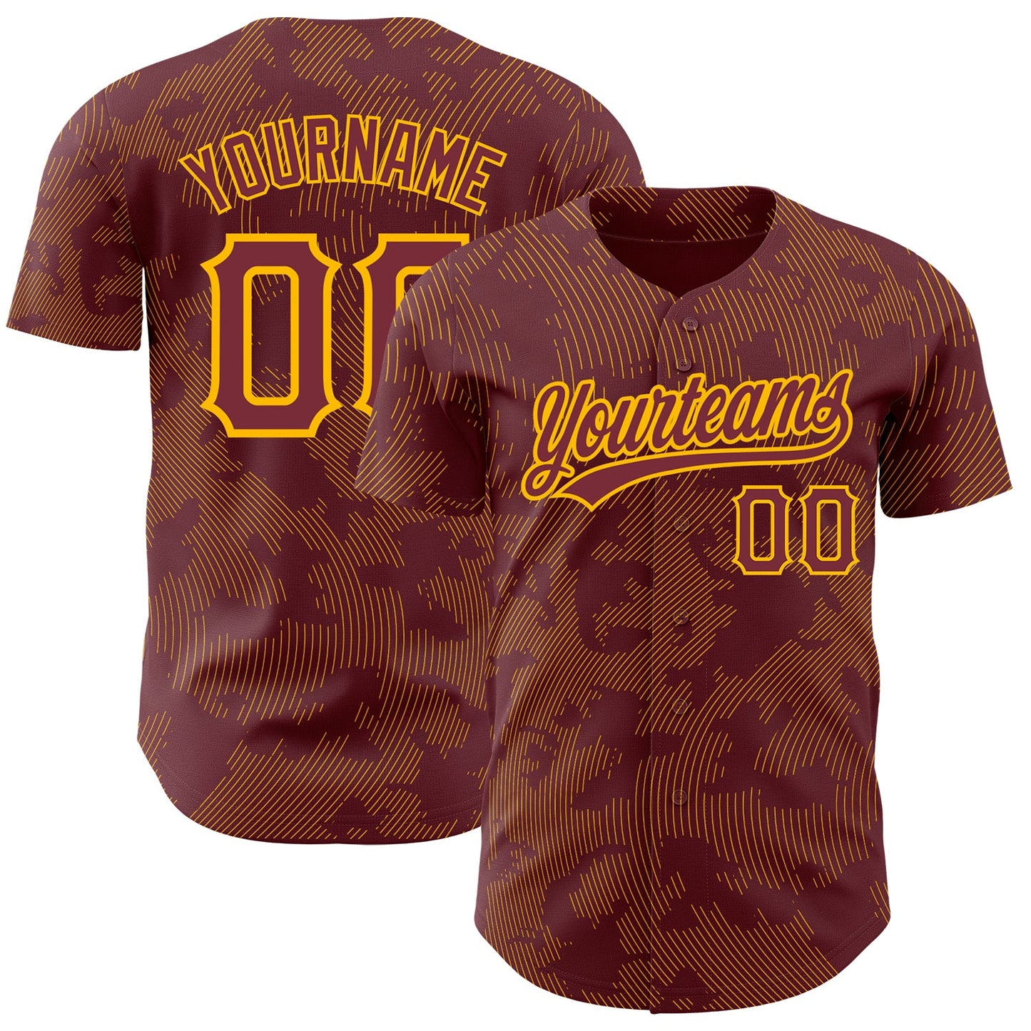 Custom Burgundy Gold 3D Pattern Design Curve Lines Authentic Baseball Jersey - Sky-Custom