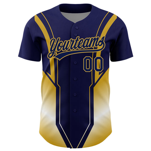 Custom Navy Old Gold 3D Pattern Design Side Stripes Authentic Baseball Jersey - Sky-Custom