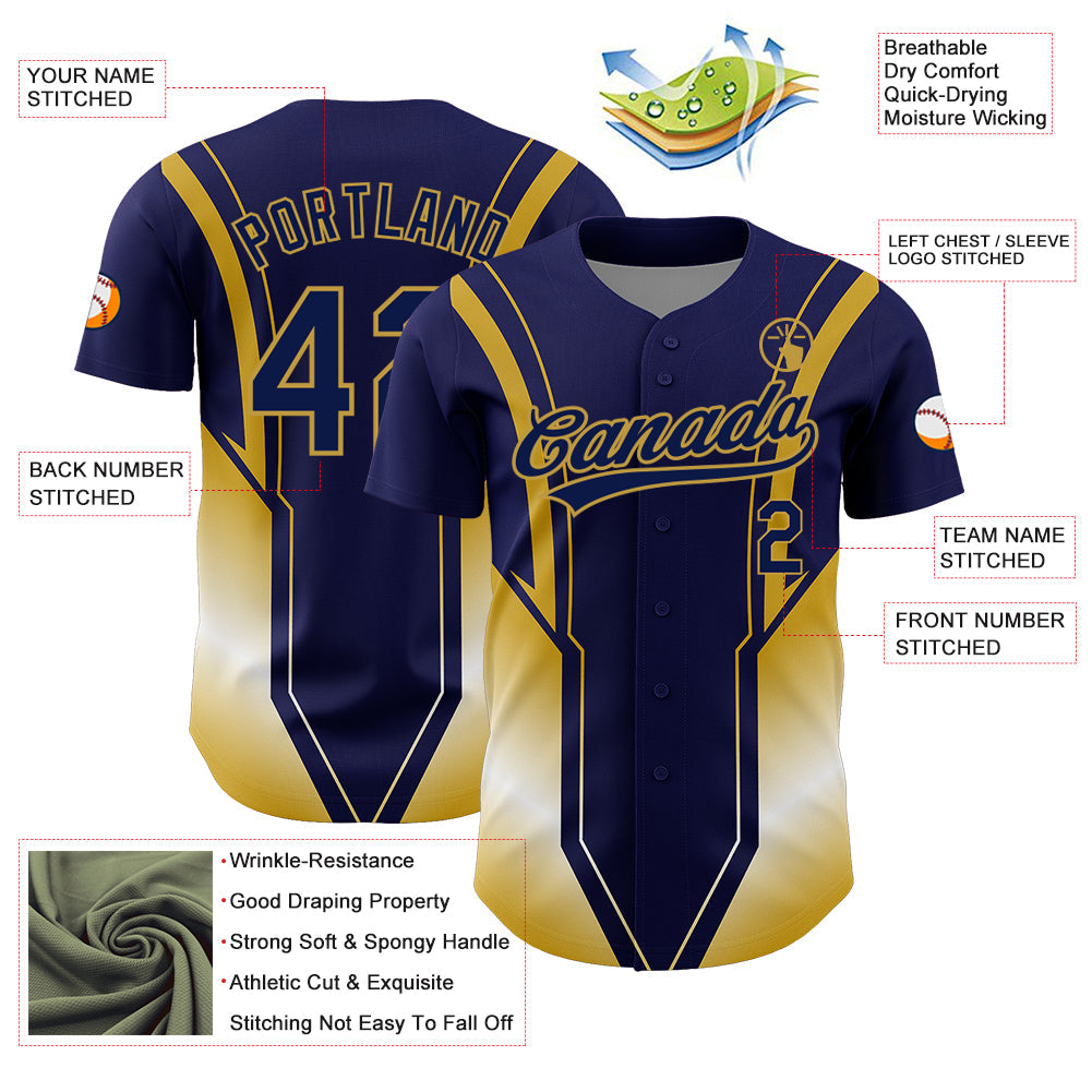 Custom Navy Old Gold 3D Pattern Design Side Stripes Authentic Baseball Jersey - Sky-Custom