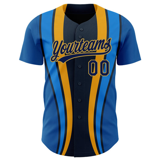 Custom Royal Navy-Old Gold 3D Pattern Design Side Stripes Authentic Baseball Jersey - Sky-Custom