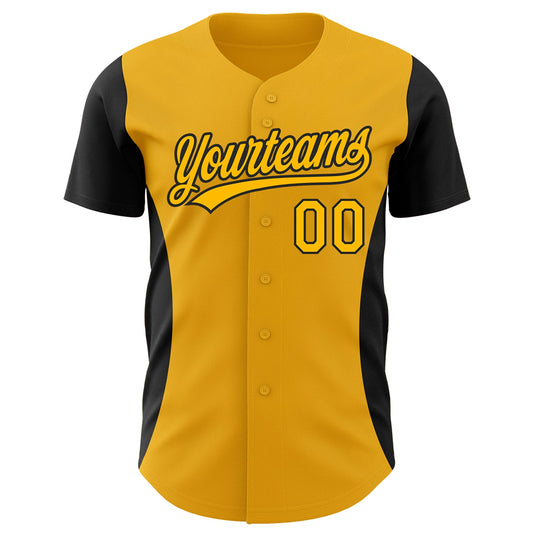 Custom Gold Black 3D Pattern Design Side Stripes Authentic Baseball Jersey - Sky-Custom