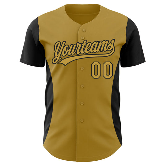 Custom Old Gold Black 3D Pattern Design Side Stripes Authentic Baseball Jersey - Sky-Custom