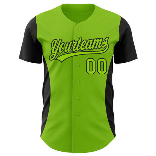 Custom Neon Green Black 3D Pattern Design Side Stripes Authentic Baseball Jersey - Sky-Custom