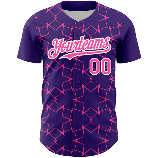 Custom Purple Pink-White 3D Pattern Design Star Lines Authentic Baseball Jersey - Sky-Custom