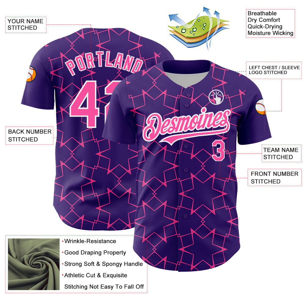 Custom Purple Pink-White 3D Pattern Design Star Lines Authentic Baseball Jersey - Sky-Custom