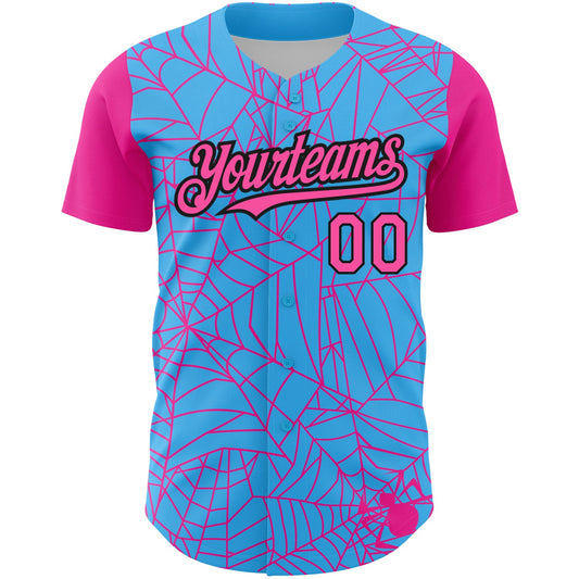 Custom Sky Blue Pink-Black 3D Pattern Design Spider Web Authentic Baseball Jersey - Sky-Custom
