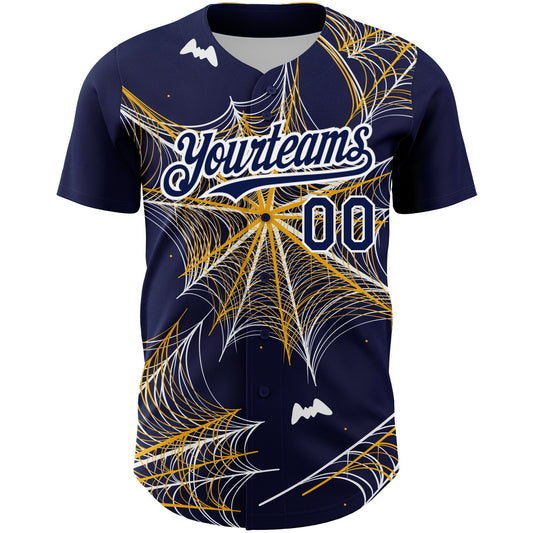 Custom Navy Gold-White 3D Pattern Design Spider Web Authentic Baseball Jersey - Sky-Custom