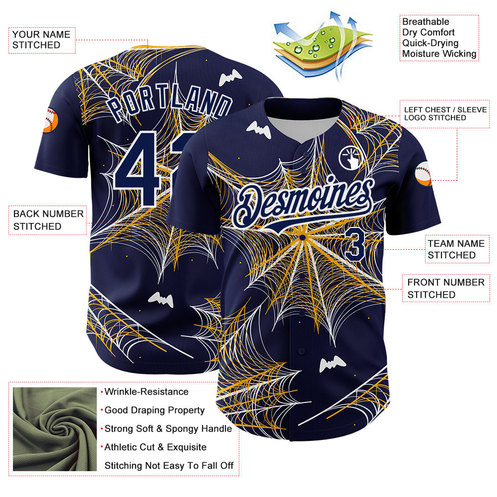 Custom Navy Gold-White 3D Pattern Design Spider Web Authentic Baseball Jersey - Sky-Custom
