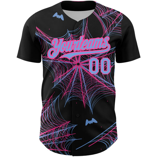 Custom Black Light Blue-Pink 3D Pattern Design Spider Web Authentic Baseball Jersey - Sky-Custom