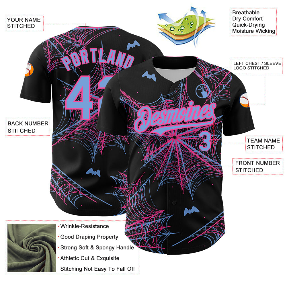 Custom Black Light Blue-Pink 3D Pattern Design Spider Web Authentic Baseball Jersey - Sky-Custom