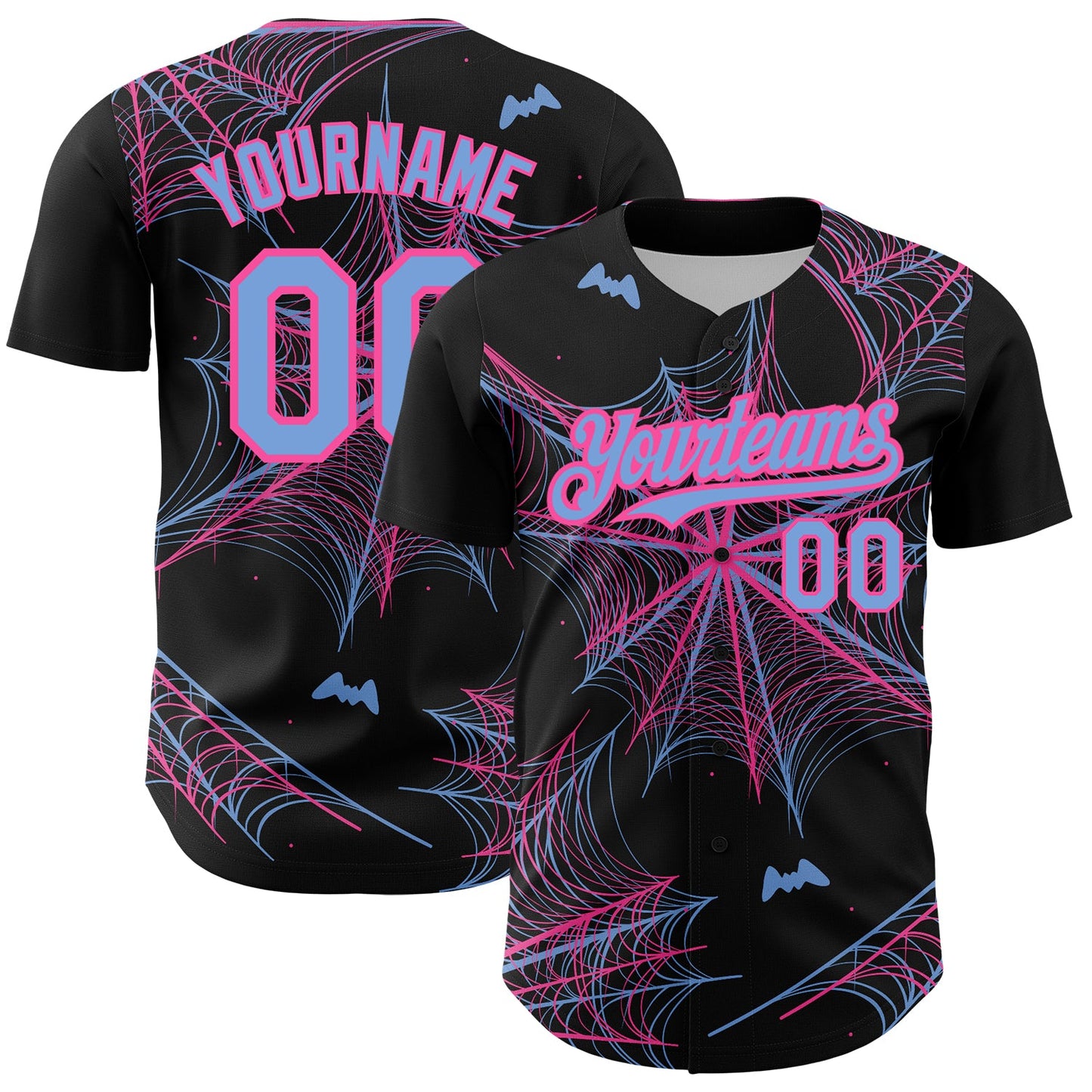 Custom Black Light Blue-Pink 3D Pattern Design Spider Web Authentic Baseball Jersey - Sky-Custom