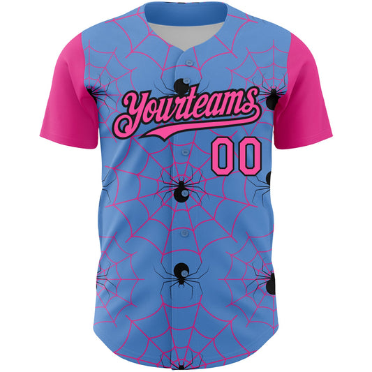 Custom Light Blue Pink-Black 3D Pattern Design Spider Web Authentic Baseball Jersey - Sky-Custom