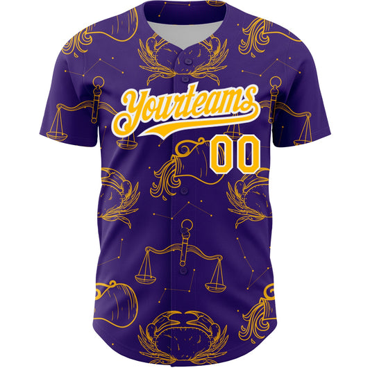 Custom Purple Gold-White 3D Pattern Design Zodiac Authentic Baseball Jersey - Sky-Custom