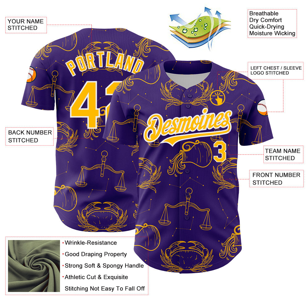 Custom Purple Gold-White 3D Pattern Design Zodiac Authentic Baseball Jersey - Sky-Custom