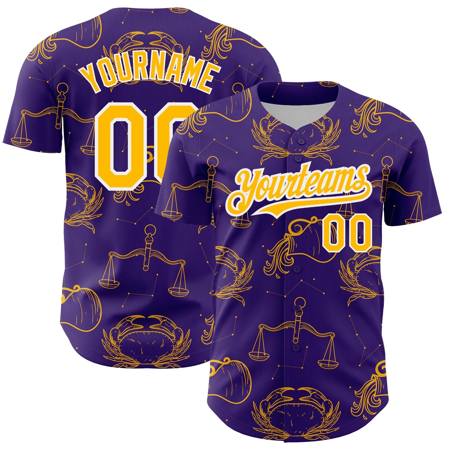 Custom Purple Gold-White 3D Pattern Design Zodiac Authentic Baseball Jersey - Sky-Custom