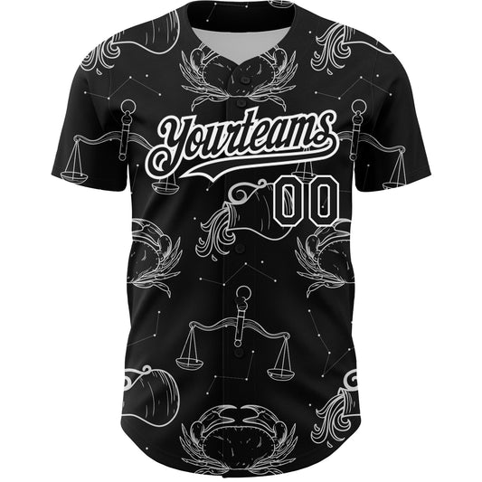 Custom Black White 3D Pattern Design Zodiac Authentic Baseball Jersey - Sky-Custom