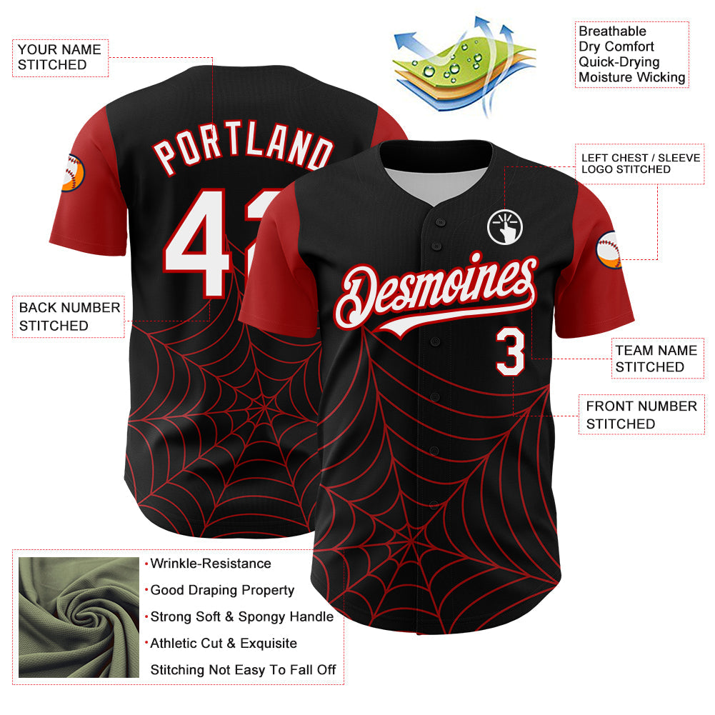 Custom Black White-Red 3D Pattern Design Spider Web Authentic Baseball Jersey - Sky-Custom