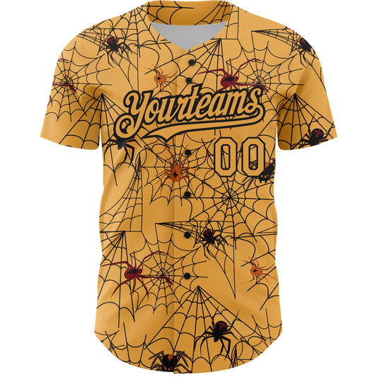 Custom Gold Black 3D Pattern Design Spider Web Authentic Baseball Jersey - Sky-Custom