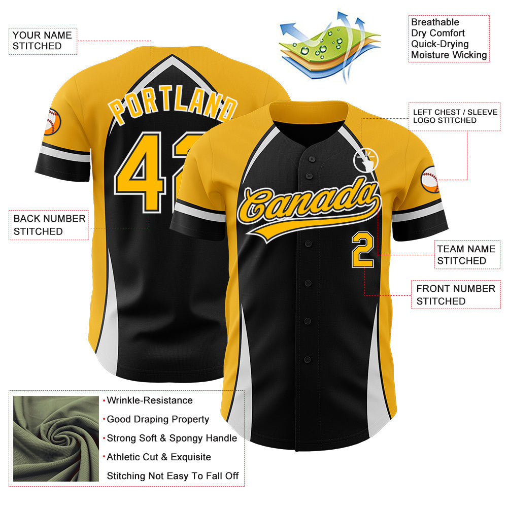 Custom Black Gold-White 3D Pattern Design Curve Solid Authentic Baseball Jersey - Sky-Custom