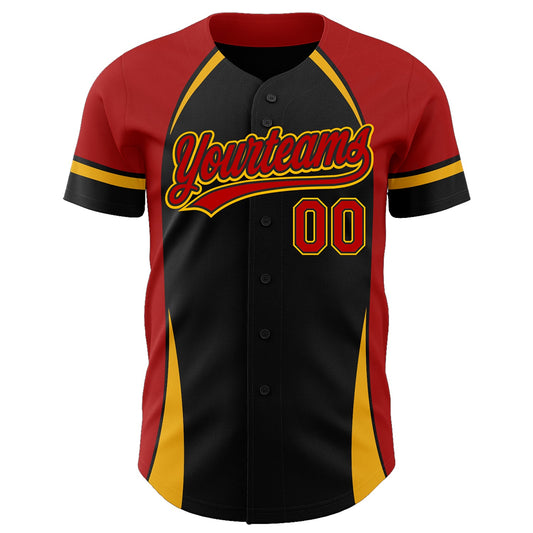 Custom Black Red-Gold 3D Pattern Design Curve Solid Authentic Baseball Jersey - Sky-Custom