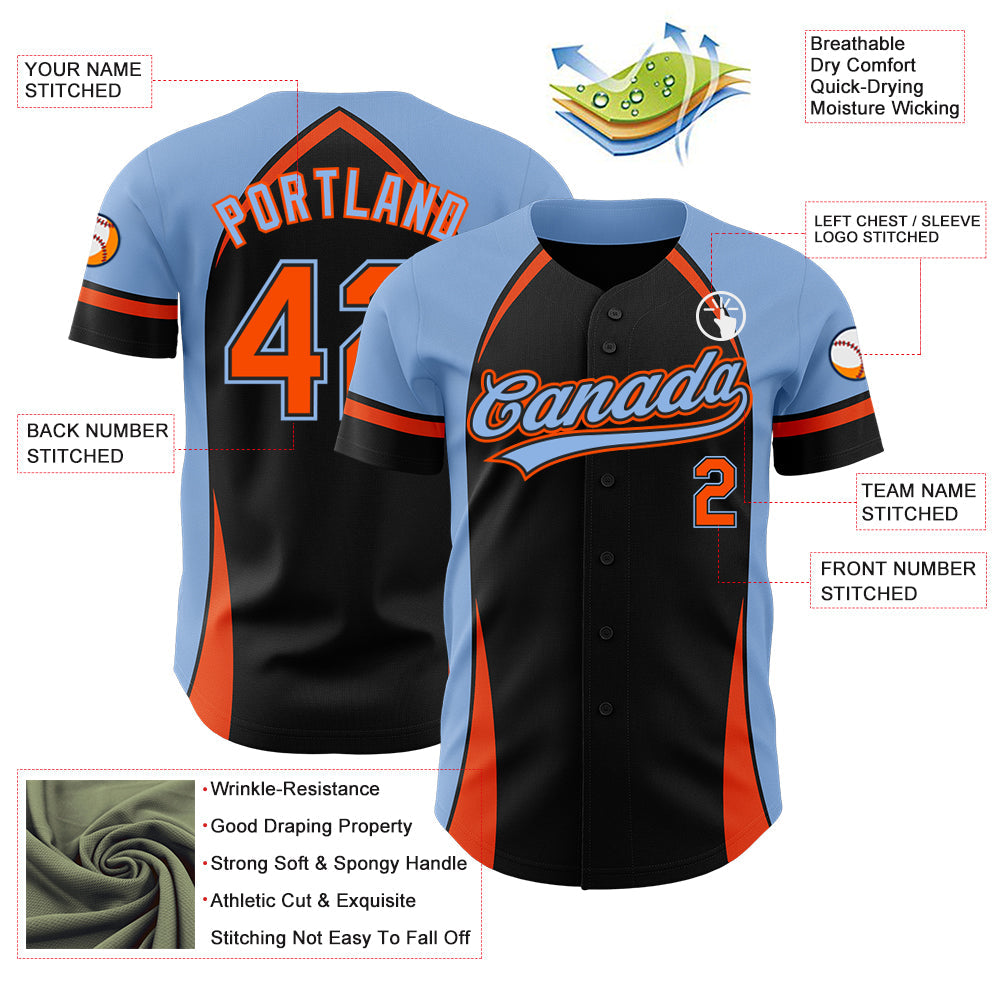 Custom Black Orange-Powder Blue 3D Pattern Design Curve Solid Authentic Baseball Jersey - Sky-Custom