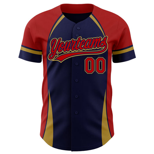 Custom Navy Red-Old Gold 3D Pattern Design Curve Solid Authentic Baseball Jersey - Sky-Custom