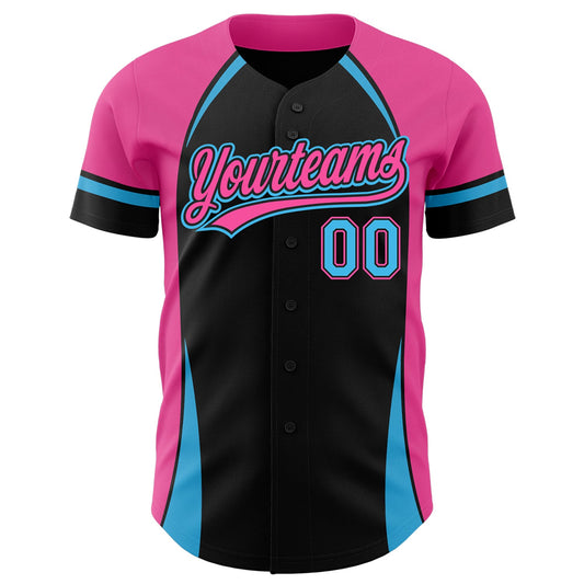 Custom Black Sky Blue-Pink 3D Pattern Design Curve Solid Authentic Baseball Jersey - Sky-Custom